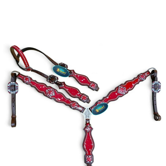 MOUSM Western Leather Headstall & Breast Collar Set Silver Rhinestone