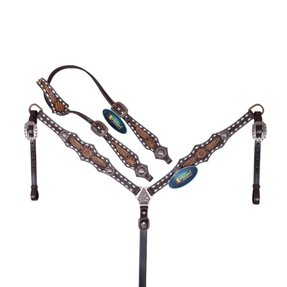 MOUSM Western Leather Headstall and Breast Collar Tack Set, Hand Carved Feather & Flower Design with Rawhide Buck stitching, Congress Conchos on Cheek & Breast Collar, Argentina Cow Leather