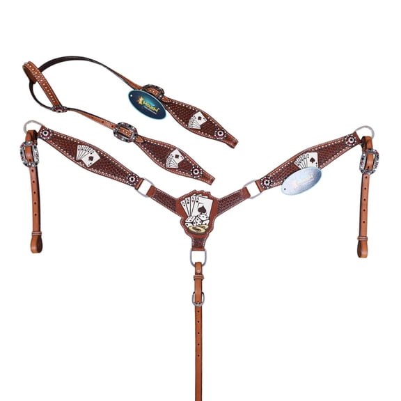 MOUSM Western Leather Headstall and Breast Collar Tack Set with Hand Painted Playing Cards Design, Gladiator Style Breast Collar with Silver Studs and Bling Conchos, Argentina Cow Leather