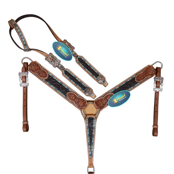 MOUSM Western Leather Headstall and Breast Collar Tack Set with Leopard Carving and Multicolor Turquoise Border One Ear, Cheek Pieces, and Breast Collar, Argentina Cow Leather