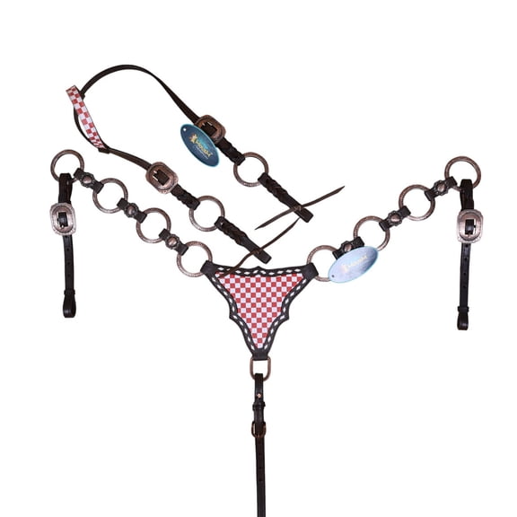 MOUSM Western Leather Headstall and Breast Collar Tack Set, Orange & White Finish Line Print with Braided Leather, Short Fringe & Buck Stitching, Gladiator Style, Full Average Size Horse
