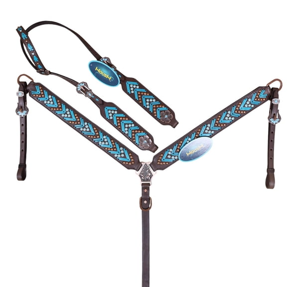 MOUSM Western Leather Headstall & Breast Collar Tack Set with Turquoise Arrow Rawhide Braiding, Copper & Turquoise Studs, Flower Conchos, Handmade Full Horse Size