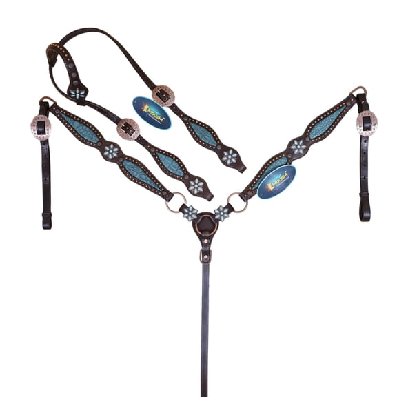MOUSM Western Leather Headstall and Breast Collar Tack Set Turquoise Flower Conchos, Copper Ring & Alligator Inlay with Copper Studs Genuine Argentina Cowhide