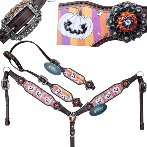 MOUSM Western Leather Headstall and Breast Collar Tack Set  Laughing Halloween Pumpkin with Purple and Orange Stripe Background, Rhinestone Conchos