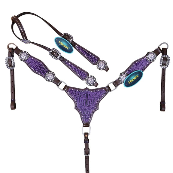 Western Leather Headstall and Breast Collar Tack Set for Horse - Purple Alligator Print, Silver Studs, and Big Rhinestone Berry Conchos