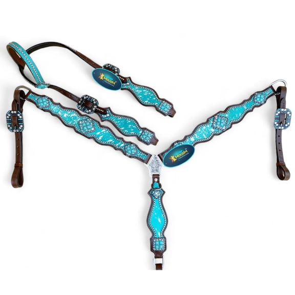 MOUSM Western Leather Headstall and Breast Collar tack Set for The Horse,Valentine Day Silver Metallic Acid wash Cowhide Look with Rhinestone