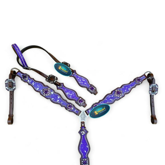 MOUSM Western Leather Headstall and Breast Collar tack Set for The Horse,Valentine Day Silver Metallic Acid wash Cowhide Look with Rhinestone