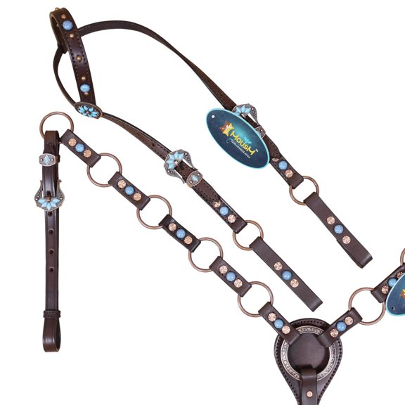 MOUSM Western Leather Ring Headstall and Breast Collar Tack Set, Copper Rings & Turquoise Stud Accents, Argentina Cowhide, Rustic Handcrafted Horse Tack