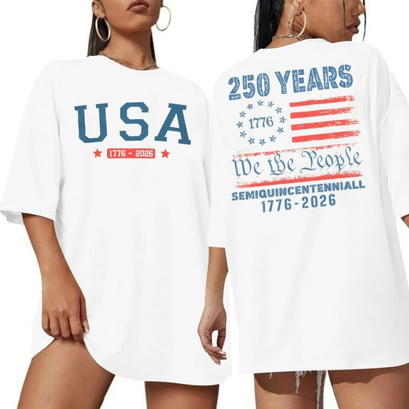 MOUSYA 250 Years American Flag T-Shirts for Women USA Classic Commemorative Print Patriotic Tee 4th of July Oversized Short Sleeve Top