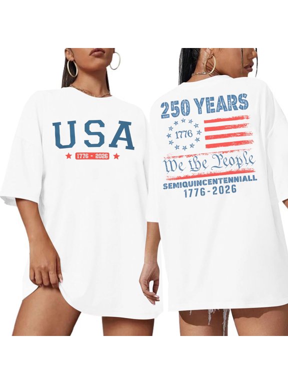 250 Years American Flag T-Shirts for Women USA Classic Commemorative Print Patriotic Tee 4th of July Oversized Short Sleeve Top