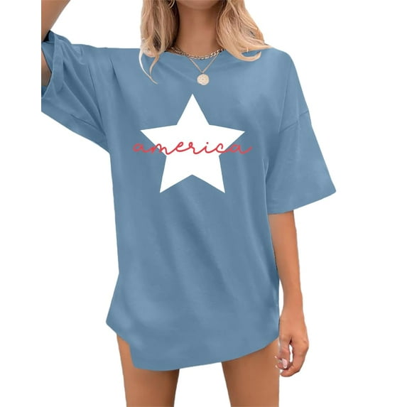 MOUSYA 4th of July Oversize Shirts Women American Star Shirt USA Patriotic Tops Funny Patriotic Tee Independence Day T-Shirt