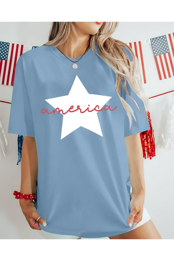 4th of July Oversize Shirts Women American Star Shirt USA Patriotic Tops Funny Patriotic Tee Independence Day T-Shirt