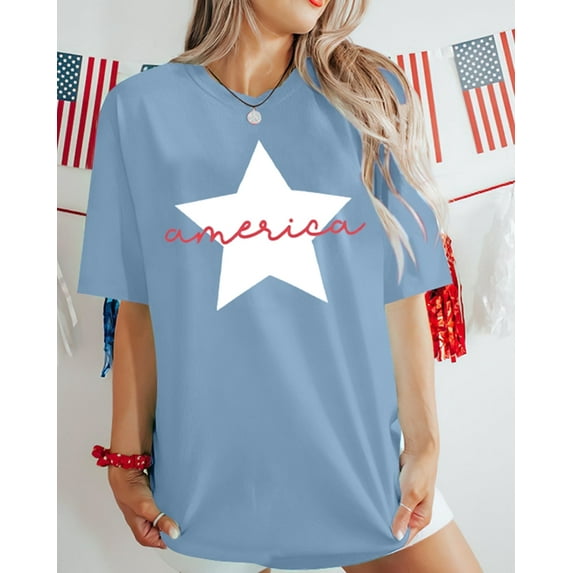 MOUSYA 4th of July Oversize Shirts Women American Star Shirt USA Patriotic Tops Funny Patriotic Tee Independence Day T-Shirt