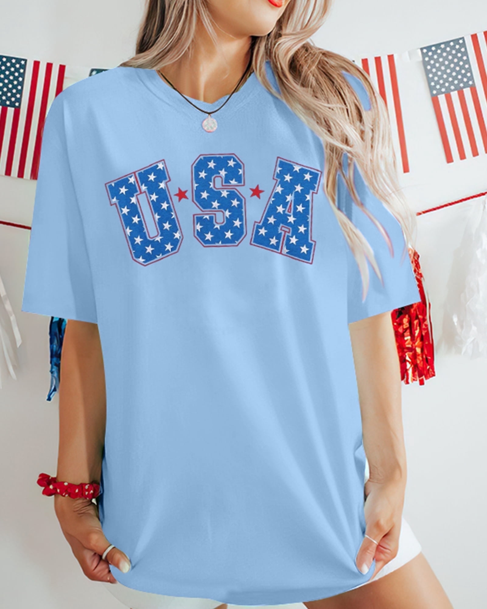 Women's 4th Of July Shirt - USA Flag Oversized Tee, Patriotic American Stars Stripes Top