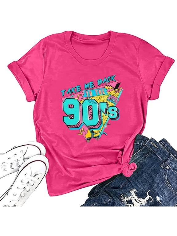 90s Outfit for Women Take Me Back to The 90's Vintage Neon Crew Neck Tops Tee for Birthday Party Gift