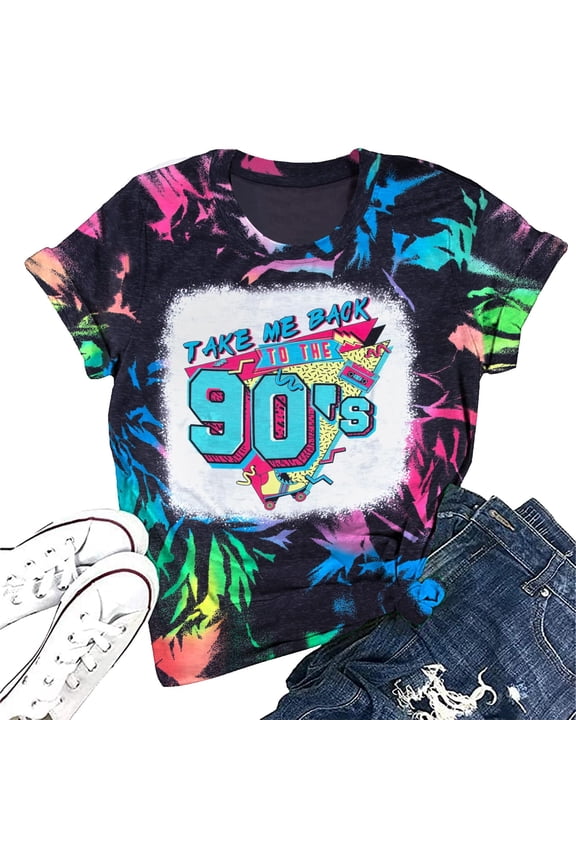 90s Outfit for Women Take Me Back to The 90's Vintage Neon Crew Neck Tops Tee for Birthday Party Gift