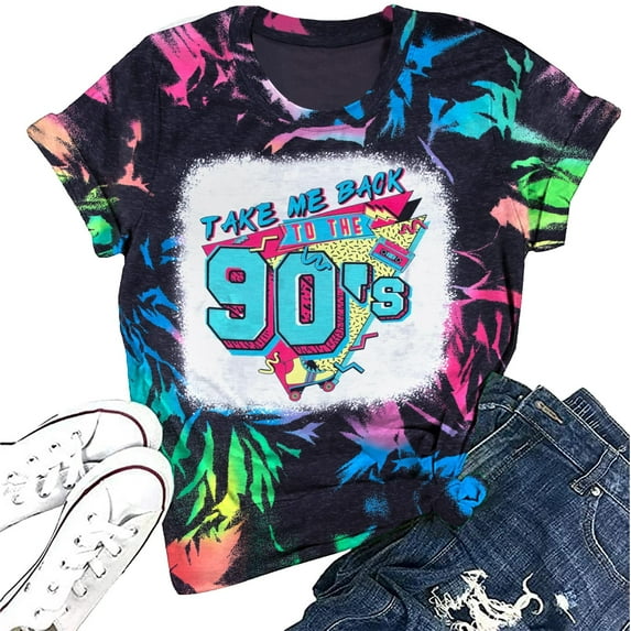 MOUSYA 90s Outfit for Women Take Me Back to The 90's Vintage Neon Crew Neck Tops Tee for Birthday Party Gift