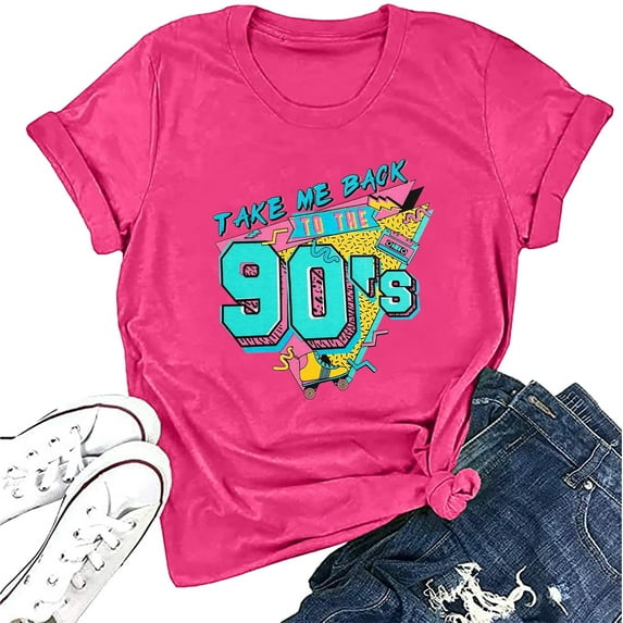 MOUSYA 90s Outfit for Women Take Me Back to The 90's Vintage Neon Crew Neck Tops Tee for Birthday Party Gift