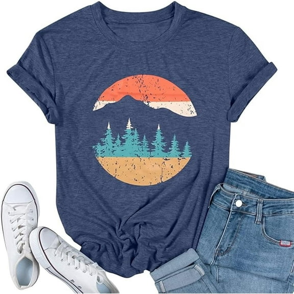 MOUSYA Adventure Shirts Women Funny Nature Graphic Tee Retro Camping Mountain T-Shirt Vintage Hiking Tops Casual Highway Tee