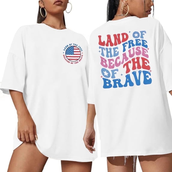 MOUSYA America Shirts for Women Land of The Free Because of The Brave Shirt USA Patriotic Tee 4th of July Outfit Oversized T-Shirt