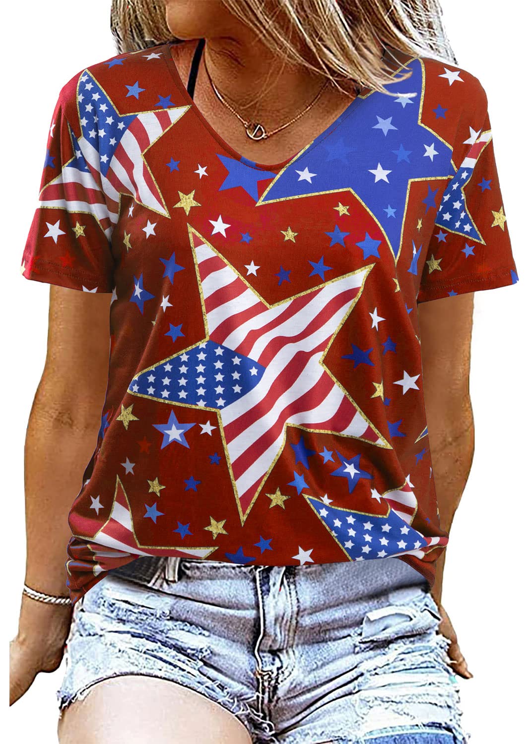 MOUSYA American Flag Shirt Women Patriotic Shirts 4th Of July V Neck 