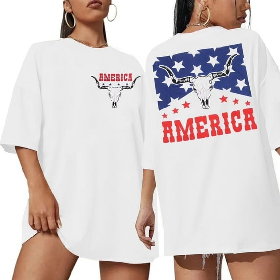 MOUSYA American Flag Shirt Womens Western Cow Skull Tshirt USA Patriotic Tee 4th of July Shirts Vintage Oversize Tops