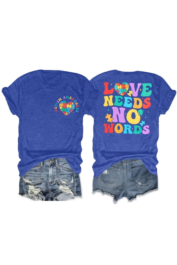 Autism Awareness T-Shirt for Women Love Needs No Words Shirt Autism Special Education Love Heart Puzzle Piece Short Sleeve Tee,Blue