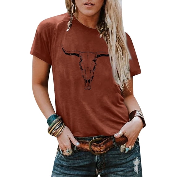MOUSYA Boho Cow Skull Shirt Women Cowgirl T-Shirt Vintage Western Rodeo Graphic Tee Short Sleeve Bull Skull Casual Top