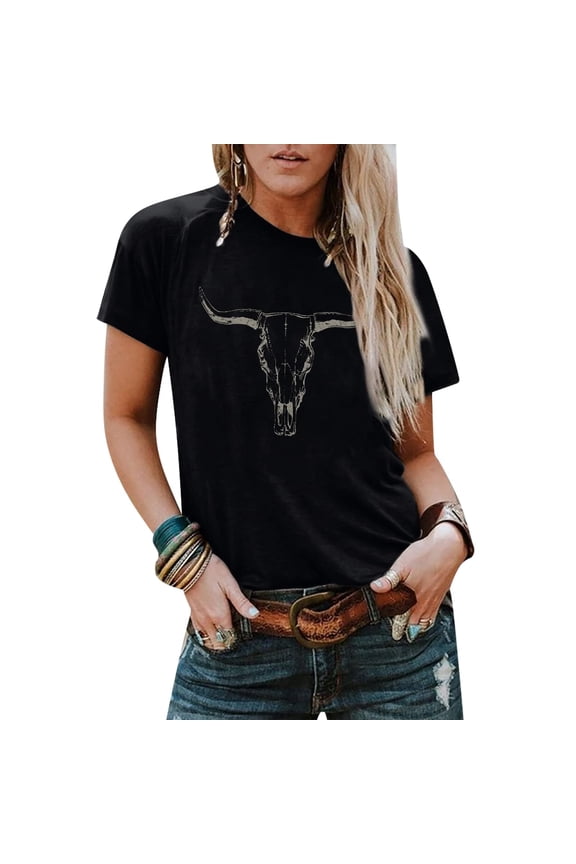 Boho Cow Skull Shirt Women Cowgirl T-Shirt Vintage Western Rodeo Graphic Tee Short Sleeve Bull Skull Casual Top