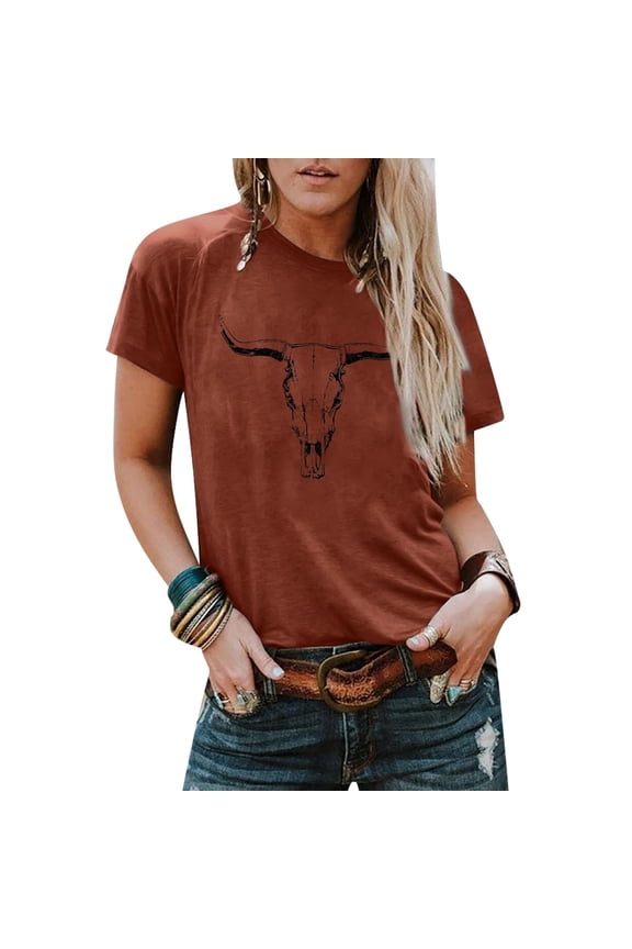 Boho Cow Skull Shirt Women Cowgirl T-Shirt Vintage Western Rodeo Graphic Tee Short Sleeve Bull Skull Casual Top