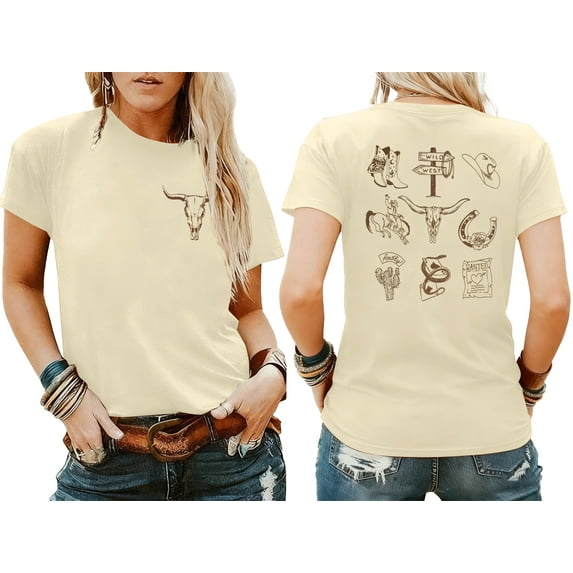 MOUSYA Boho Cow Skull Shirt Women Cowgirl T-Shirt Vintage Western Rodeo Graphic Tee Short Sleeve Bull Skull Casual Top