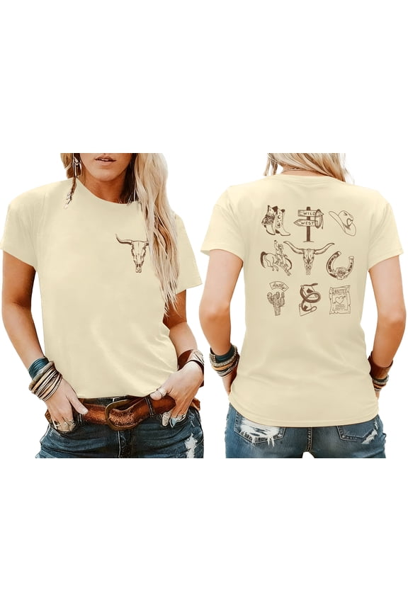 Boho Cow Skull Shirt Women Cowgirl T-Shirt Vintage Western Rodeo Graphic Tee Short Sleeve Bull Skull Casual Top