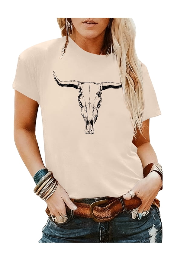 Boho Cow Skull Shirt Women Cowgirl T-Shirt Vintage Western Rodeo Graphic Tee Short Sleeve Bull Skull Casual Top