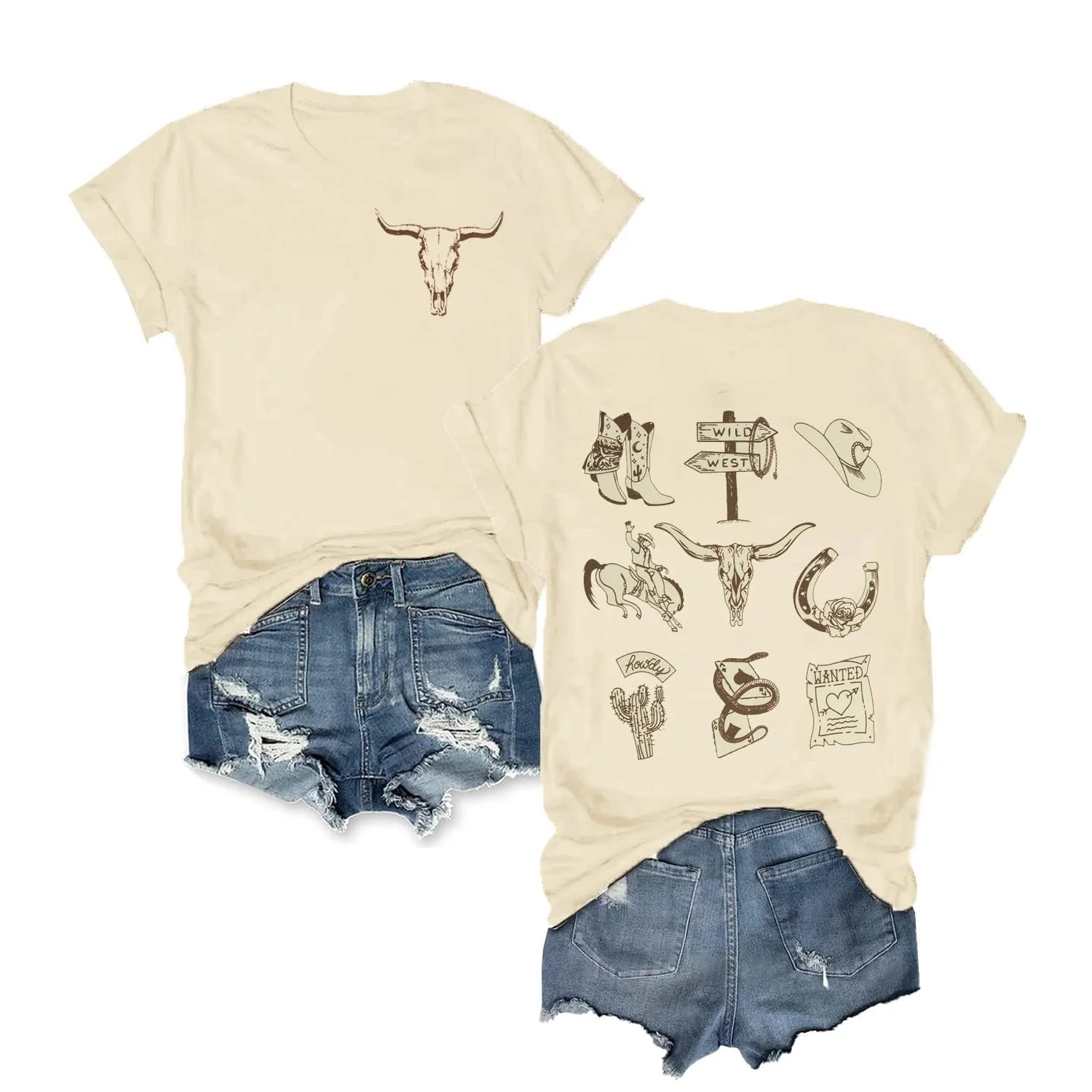 Retro Steer Skull Western T-Shirt Women Vintage Country Music Shirt Cute Cowgirl Graphic Cowboy Tees Tops - Product Details