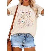 MOUSYA Boho Floral Tshirt Women Vintage Wildflower Printed Shirt Casual Short Sleeve Tops Trendy Summer Flower Tee Top