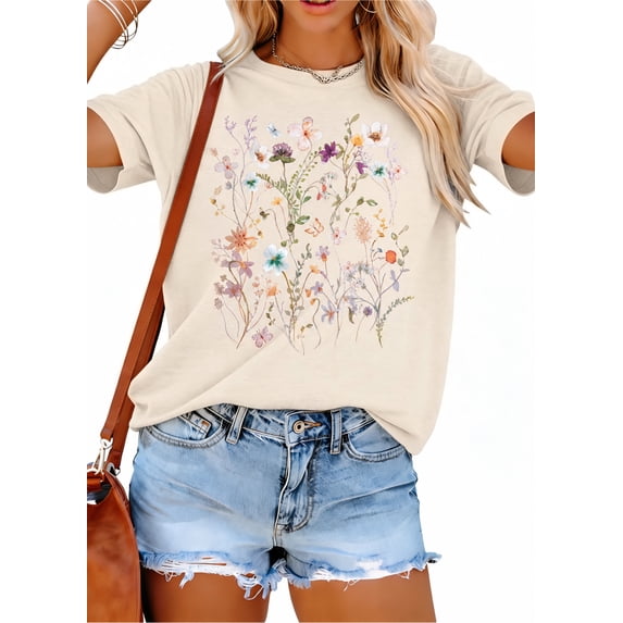 MOUSYA Boho Floral Tshirt Women Vintage Wildflower Printed Shirt Casual Short Sleeve Tops Trendy Summer Flower Tee Top