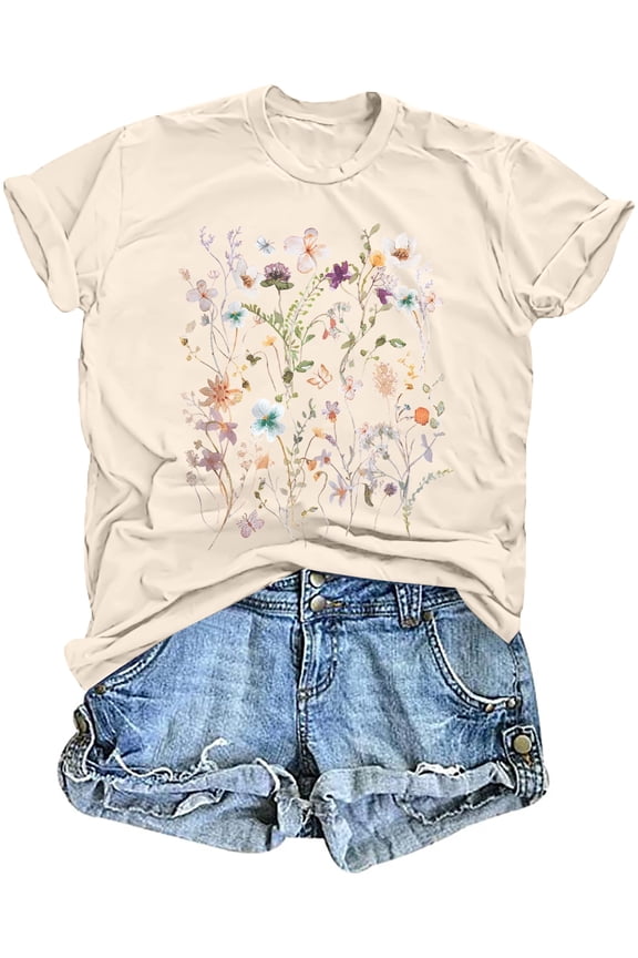 Boho Floral Tshirt Women Vintage Wildflower Printed Shirt Casual Short Sleeve Tops Trendy Summer Flower Tee Top
