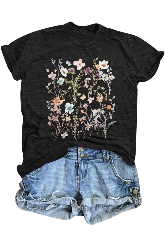 Boho Floral Tshirt Women Vintage Wildflower Printed Shirt Casual Short Sleeve Tops Trendy Summer Flower Tee Top