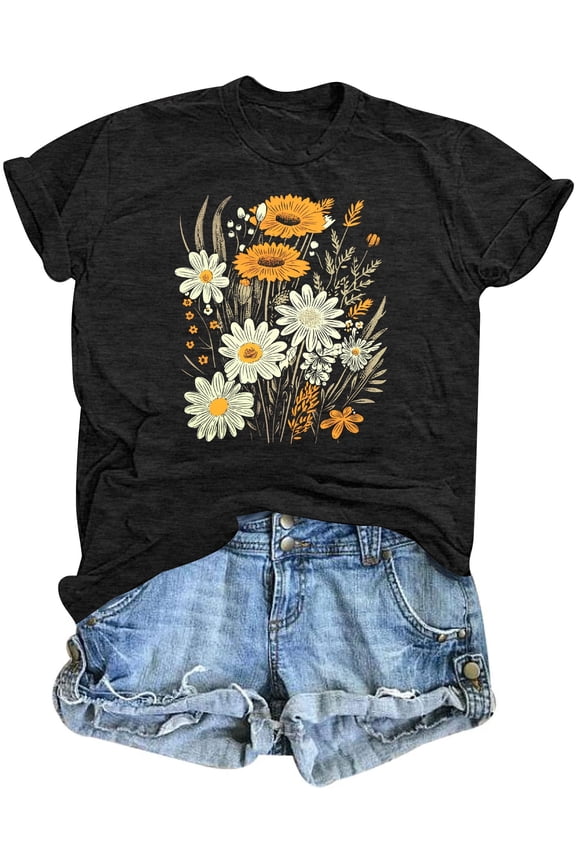 Boho Flower T Shirt Vintage Floral Graphic Shirt Botanical Tee Wildflowers Shirts Garden Lover Top