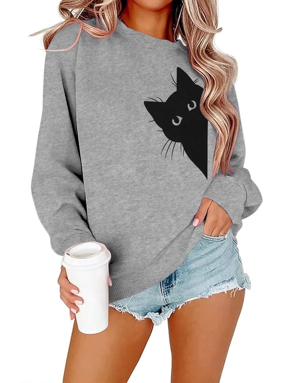 Cat Sweatshirt Women Funny Black Cat Graphic Sweater Casual Cat Crewneck Holiday Long Sleeve Hoodie Pullover Top