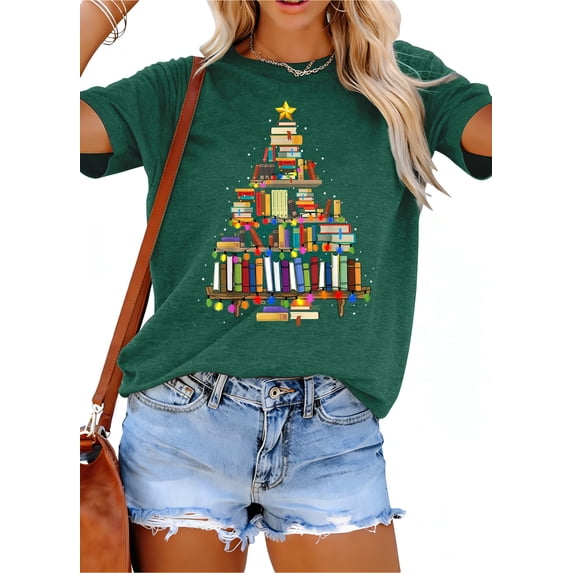 MOUSYA Christmas Shirts Women Christmas Book Tree T-Shirt Book Lovers Tees Cute Xmas Holiday Short Sleeve Tops