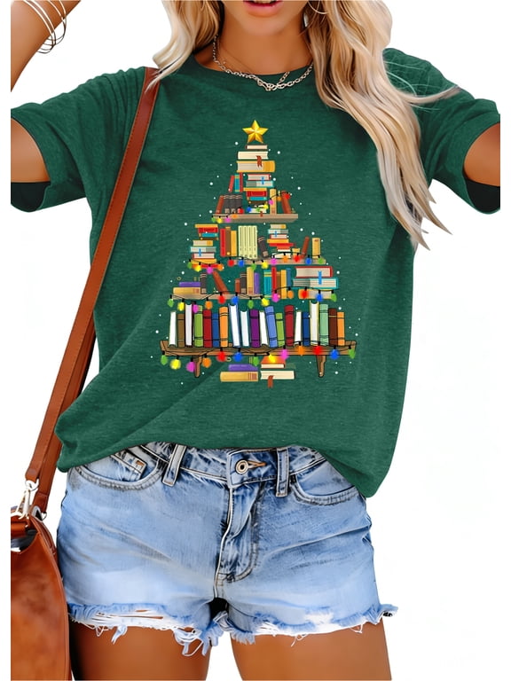 Christmas Shirts Women Christmas Book Tree T-Shirt Book Lovers Tees Cute Xmas Holiday Short Sleeve Tops