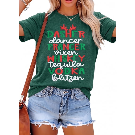 MOUSYA Christmas Shirts for Women Dasher Letter Print Tee Xmas Short Sleeve Holiday T-Shirt Green L