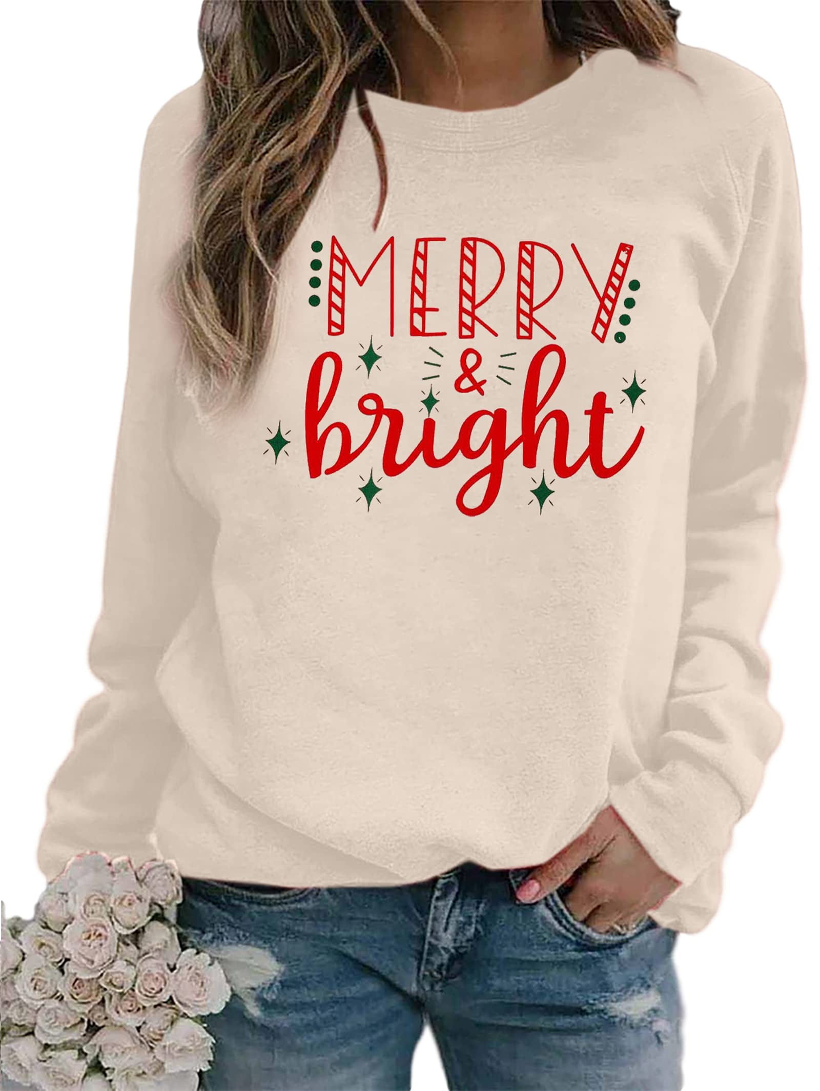 TCHH-DayUp Women's Merry Christmas Sweatshirt - Classic Letter Print Pullover Holiday Blouse