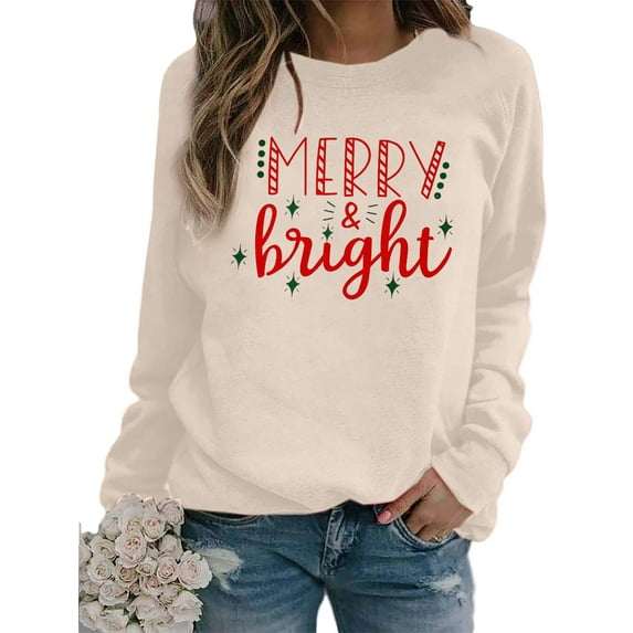 MOUSYA Christmas Sweatshirt Women Merry and Bright Christmas Shirt Christmas Crewneck Pullover Casual Blouse Tops