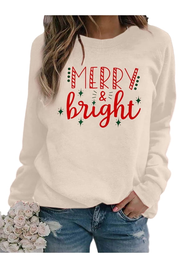 Christmas Sweatshirt Women Merry and Bright Christmas Shirt Christmas Crewneck Pullover Casual Blouse Tops