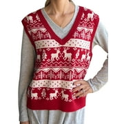 MOUSYA Christmas Vests for Women Xmas Reindeer Knitted Sweaters Casual Santa Snowflake V Neck Sleeveless Outwear Tops