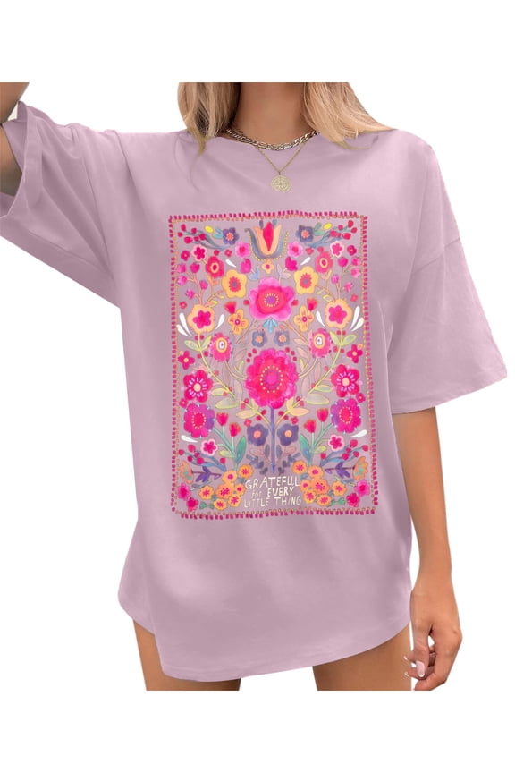 Cute Spring T-shirt Womens Floral Graphic Tees Oversized Vintage Wildflower Shirt Summer Plant Tops