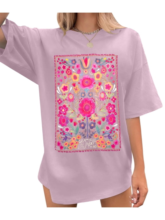 Cute Spring T-shirt Womens Floral Graphic Tees Oversized Vintage Wildflower Shirt Summer Plant Tops