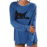 MOUSYA Funny Cat Shirts for Women - Peeping Halloween Black Cat Shirt Cute Cat Mom Long Sleeve Graphic Tees Teens Pullover Tops